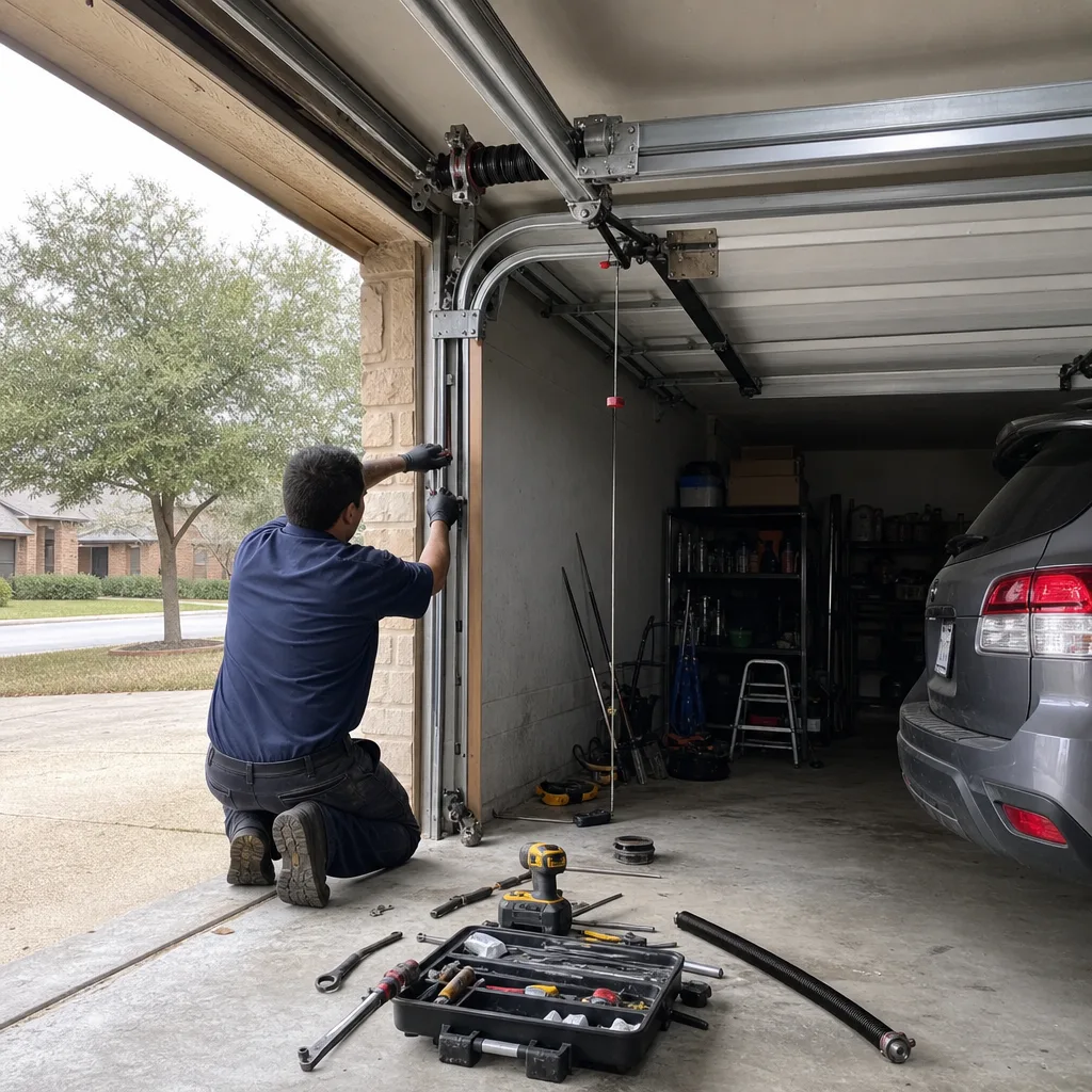 Technician performing professional garage door cable repair service