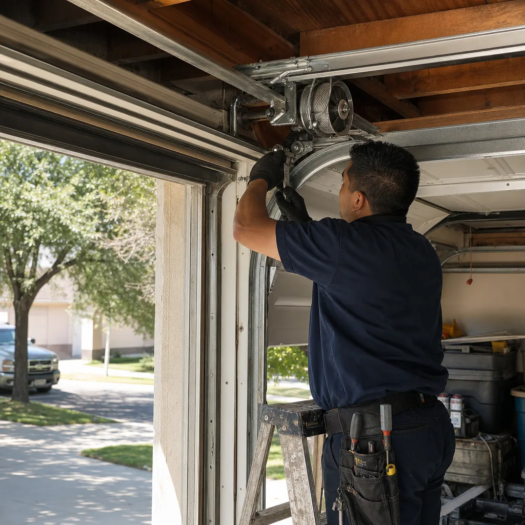Technician performing professional garage door cable repair on a residential door