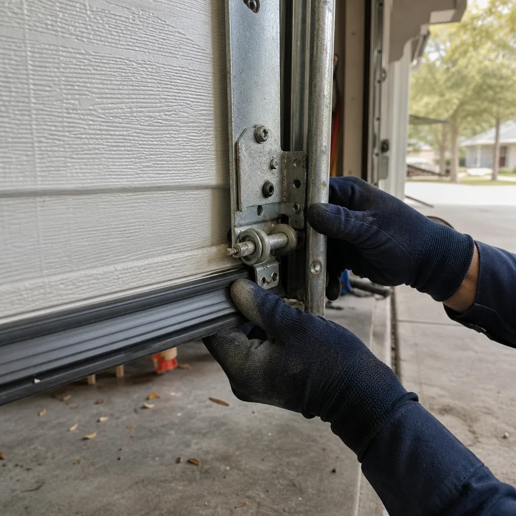 Technician performing professional garage door cable repair on a residential track