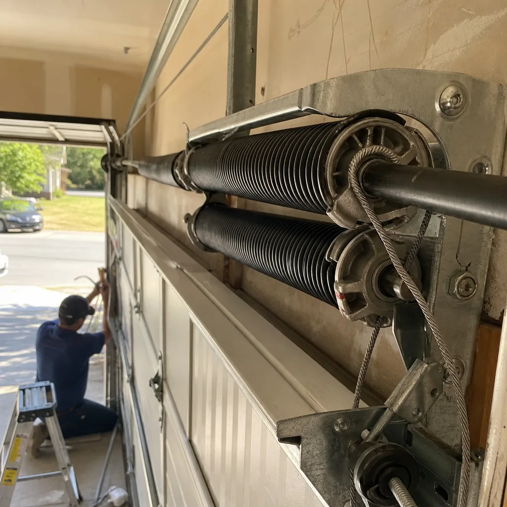 Technician performing garage door spring repair and maintenance