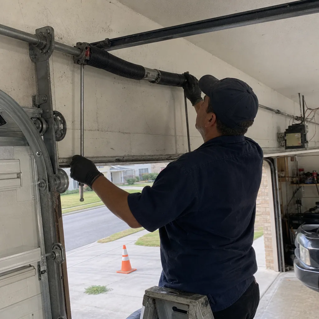 Technician performing professional garage door torsion spring repair