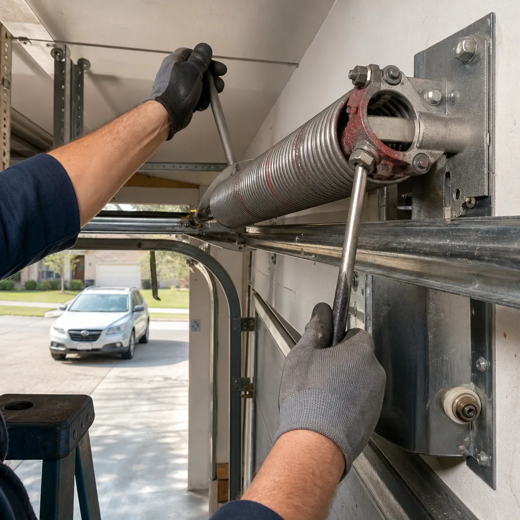 Technician performing professional garage door spring repair with winding bars